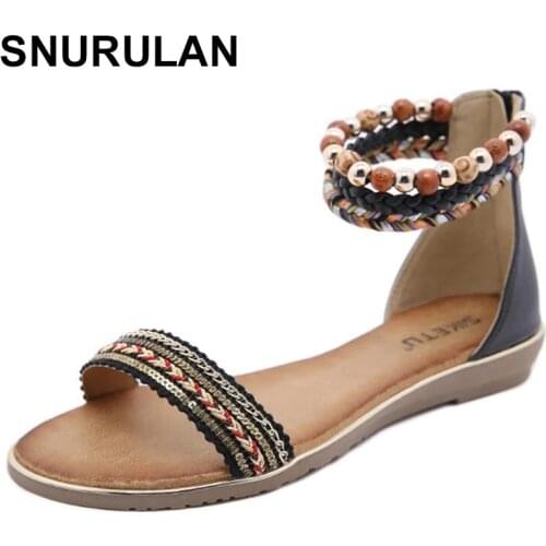 SNURULANNew Roman Sandals Bohemian Beaded Retro Ethnic Style Color Matching Open Toe Fashion Sandals Large Size Wedge Flat Women