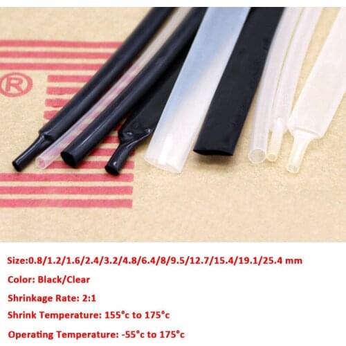 1-20Meters 2:1 0.8mm-25.4mm Black PVDF Heat Shrink Tube High Temp Sleeving Heatshrink Tube Wrap Wire Insulation Sleeve