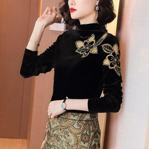 Women Clothing 2021 Autumn Winter Basic Shirts Slim Elegant Office Lady Print Warm Gold Velvet Turtleneck Tops Blouse Y471