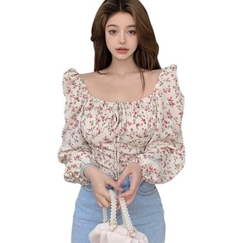 Womens Retro Floral Print Square Blouse Collar Sexy Sweet Long Sleeves Chiffon Shirt New