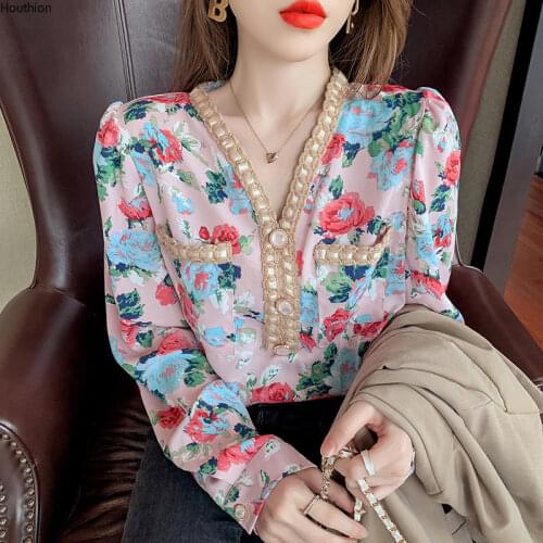 Womens Blouses Chiffon V-neck Shirt Slim Shirts Print Fashion Top Long Sleeve Tops Lady Floral Casual Blouse Buttons Houthion