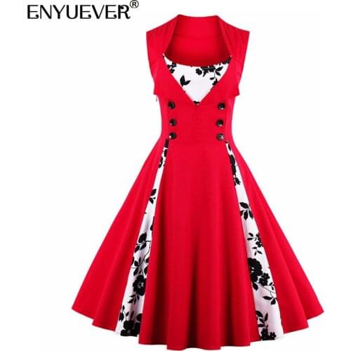 Enyuever Women Summer Dresses Casual Plus Size Clothing Sleeveless Cotton Patchwork Dot Floral Robe Pin Up Swing Vintage Dresses