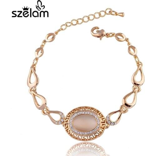 Szelam 2019 Oval Bracelets Bangles Gold Color Chain Natural Stone Opal And Crystal Bracelet For Woman SBR140213