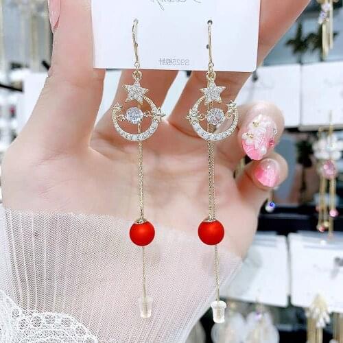 New Korea Earrings Fashion Jewelry Red Crystal Star And Moon Simulation Pearl Long Tassel Ear Line Oorbellen Earrings For Women