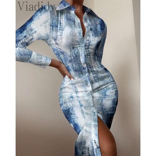 Women Summer Dress Button Front Long Sleeve Shirt Dress