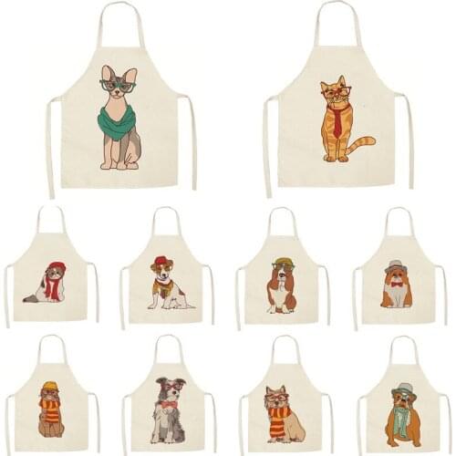 1Pcs Kitchen Apron Hand Brawn Cartoon Dog Cat Printed Sleeveless Cotton Linen Aprons for Men Women Home Cleaning Tools 55*68cm
