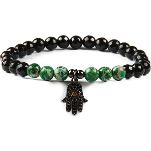 Ailatu New Fashion 6mm Natural Black Onyx Stone Beads Micro Pave Cz Fatima Hand Hamsa Pendant Bracelet