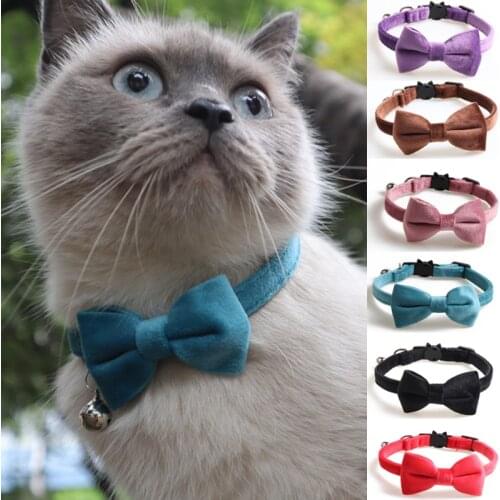 Velvet Cat Collar Solid Color Bowknot Puppy Chihuahua Collars with Bell Adjustable Safety Buckle Cats Bow Tie Pets Accessories