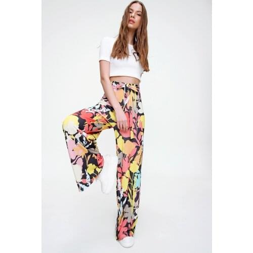 TUGBA Women Spring Summer Print High Waist Casual Cut Pants Waist Drawstring Blue Green Black Color Assortment Cotton Casual