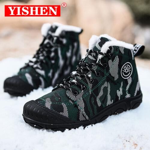 YISHEN Childrens Shoes Lace-up Warm Plush Low-top Outdoor Snow Winter Walking Style Shoes Teenagers Students Kids Casual Shoes