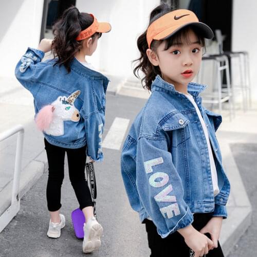 2021 Spring And Autumn Fashion Childrens Denim Jacket Cartoon Unicorn Jacket Western Sequin Embroidered Girls Denim Jacket Coat