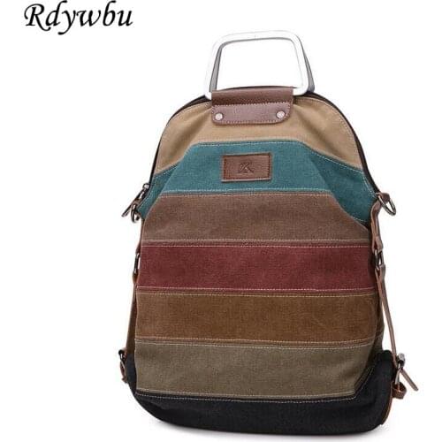 Rdywbu Ethnic Rainbow Womens Canvas Backpack Girl Striped Multifunction Patchwork Rucksack Crossbody School Bolsas Mochila B456