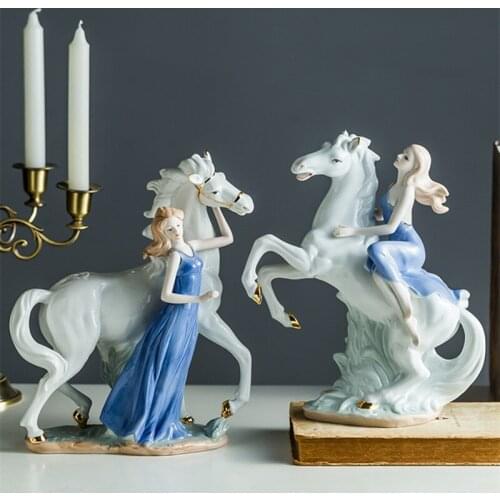 EUROPEAN CREATIVE CERAMICS GIRL HORSE ART SCULPTURE BEAUTIFUL WOMAN FIGURINE CRAFTS DECORATIONS FOR HOME LUCKY GIFT R3565