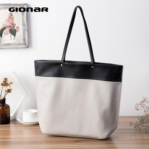 GIONAR RFID Leather Tote Bag Zipper Closure Off White Black Color Block Purses Handbags Designer Shoulder Bag