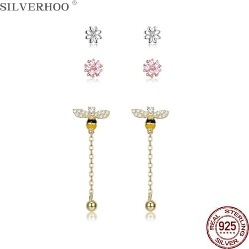 SILVERHOO 100% 925 Sterling Silver Tassel Cute Bee & Sparkling Flower Earrings Sets For Women Pink CZ Small Stud Earring Jewelry