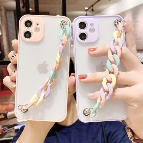 Macaron Candy Color Skin Feel Phone Case for IPhone 11 12 Pro Max Mini XS XR XSMAX 2020 SE 8 Protective Back Cover with Bracelet