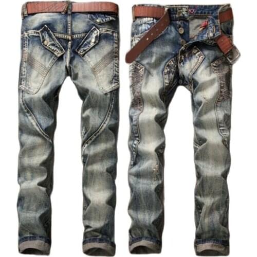 Trendy Straight Leg Mens Jeans Punk Vintage Biker Motorcycle Pants Fashion Patchwork Male Denim Trousers