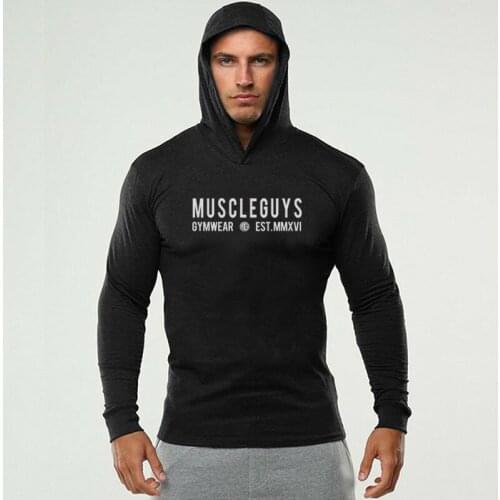 Muscleguys Brand Clothing Fitness Long Sleeve Hooded T Shirt Men Cotton Slim Fit Tee Shirt Gym Bodybuilding Sportwear Tshirt