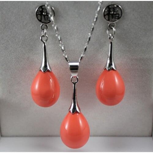 Wholesale good wholesale noble 12*16mm orange water drop shell pearl pendant & fu lucky earring jewelry set 18inch real Women Fi
