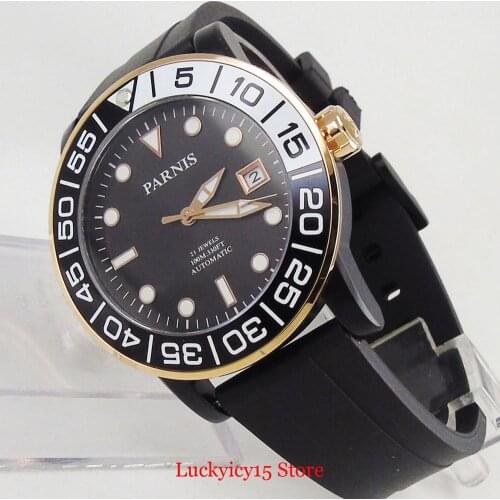 PARNIS Luxury Black Dial 42mm Automatic Men Wristwatch Sapphire Glass Date Function Rubber Strap Automatic Movement