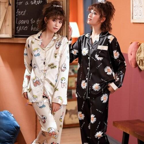 Plus Size 2020 Autumn Silk Satin Print Pajama Set for Women Long Sleeve Sleepwear Suit Pyjama Homewear Pijama Mujer Home Clothes