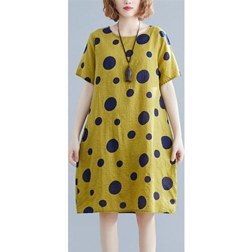 Polka Dot Print Fashion Women Dress Short Sleeve Loose Summer Dress Thin Soft Cotton Linen Women Travel Casual Beach Style Dress