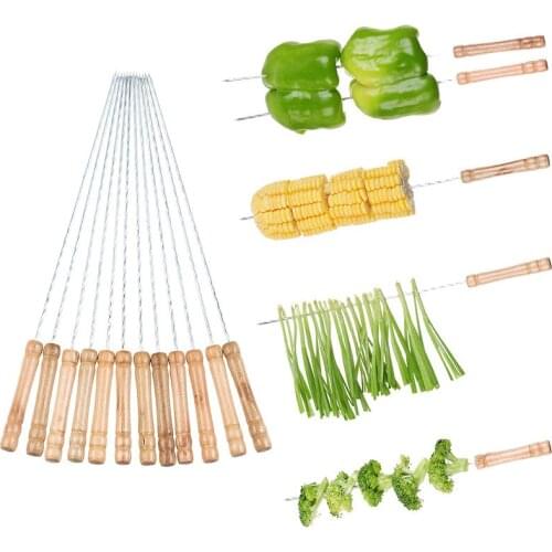 BBQ Meat Prods Skewers Long Grill Sticks Wooden Handle Skewers Stainless Steel Outdoor Camping BBQ Dinner Tools 30cm 12pcs/pack