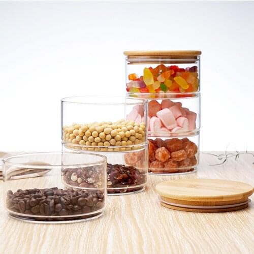 Glass Food Canister Jar Kitchen Storage Tank Stackable With Natural Bamboo Two Layers Lid Silicone Ring Food Container