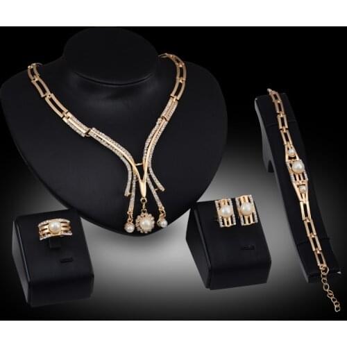 Trendy Women Wedding Necklace African Beads Jewelry Set gold jewelry Austrian Crystal Pearl Bracelet Earring Ring Set