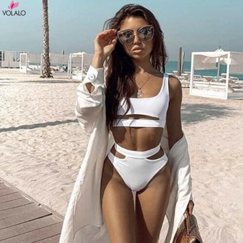 High Quality White Bikinis High Waist Bikini Hot Sale Padded Bra Hollow Out Sexy Swimsuit Female Swimwear Women Bathing Suit