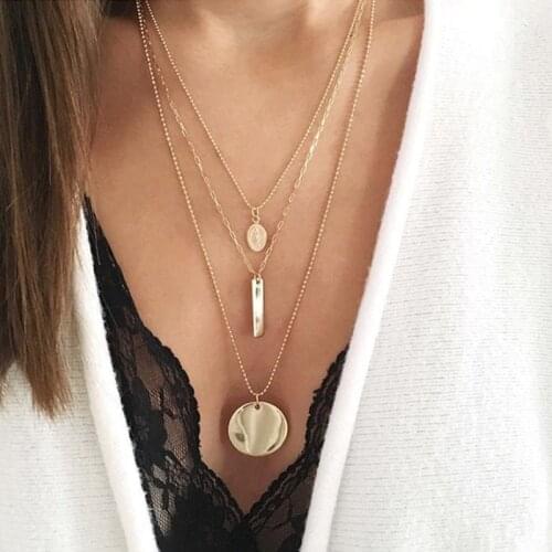 Tocona Punk Gold Chain Coin Round Maria Portrait Pendant Necklace for Women Boho Geometric Multi Layer Choker Jewelry B37206