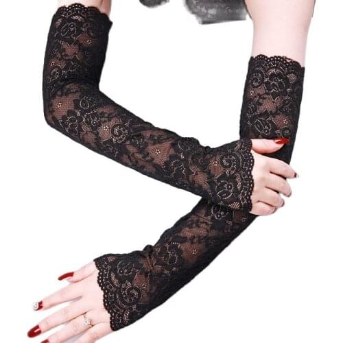Women Summer Sexy lace sunscreen gloves lace arm sleeves UV protection arm sleeves Female Outdoor Drive black White long sleeves
