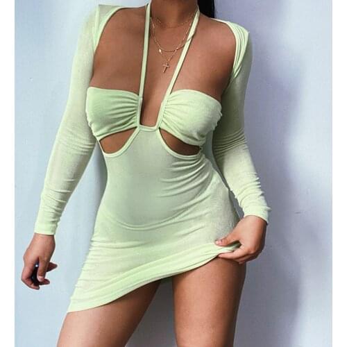 SKMY Solid Color Long Sleeve Halter Neck Dress Female 2021 Sexy Hollow Out Backless Slim Bodycon Short Green Dress Women Clothes