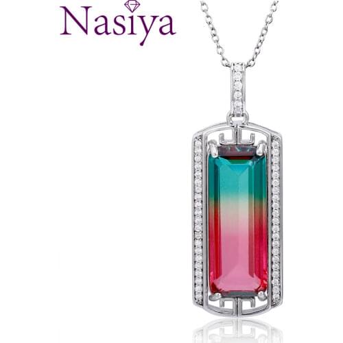 Silver Pendant Necklace Large Rectangular 10 * 26MM Rainbow Color Tourmaline Zircon Pendant Necklace Party Anniversary Gift