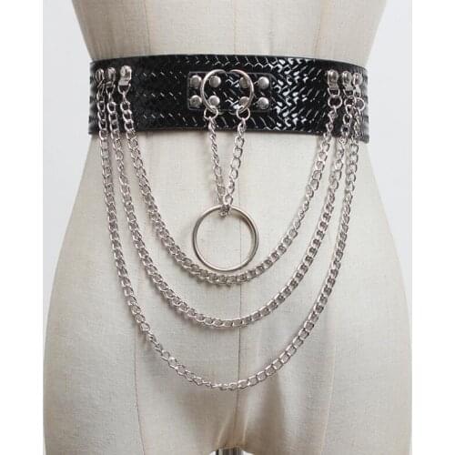 Womens runway fashion pu leather metal chain punk Cummerbunds female Dress Corsets Waistband Belts decoration wide belt R3076