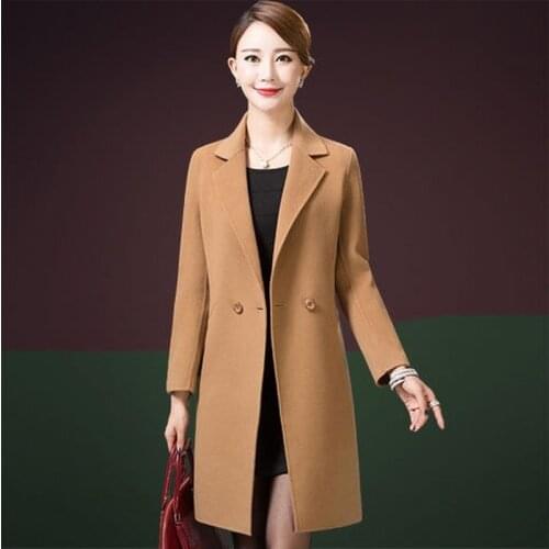 Turn Down Collar Women Woolen Coat Two-buttons Elegant Wool Cashmere Long Coat Jacket Women Clothing Casaco Feminino Y523