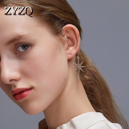 ZYZQ 1pc Butterfly Long Tassel Earrings For Women Eight-Pointed Star Clip Earring Cocktail Party Jewelry Accessories