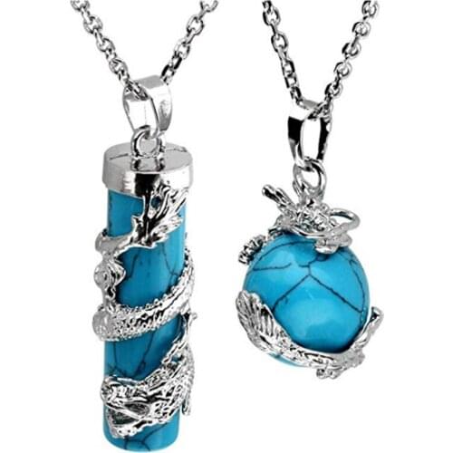 2 Pcs Silver Plated Chinese Dragon Wrap Blue Turquoises Stone Cylinder Pendant Ball Beads Necklace Opalite Opal Jewelry
