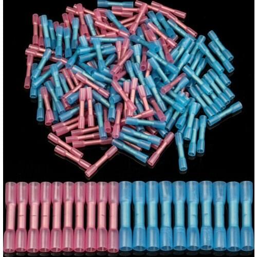 200PCs Insulated Heat Shrink Butt Connectors Waterproof Electrical Wire Splice Cable Crimp Terminals Connector Blue Red