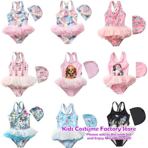 2021 Summer Baby Girls Cute Pluffy Unicorn Staps Swimsuit Cap Children Dog Straps Swimwear Bath Wear Ballerina Ballet Style