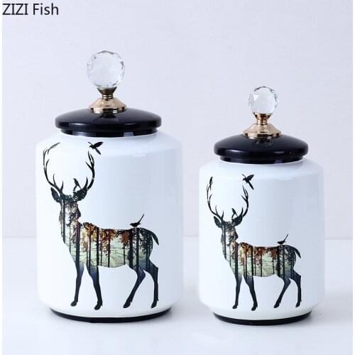 Deer Pattern Storage Jars with Lid Ceramic Vase Dressing Table Cosmetic Containers Crystal Cover Storage Tank Home Decoration
