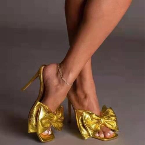 Shiny Gold Purple leather Big Bowtie Slipper Slingback Thin high heel Sandals Summer Sexy Butterfly knot Party Shoes Women
