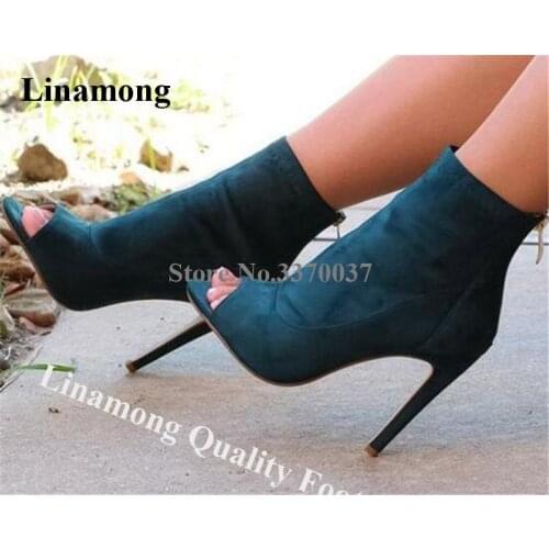 Linamong New Design Peep Toe Suede Leather Stiletto Heel Short Gladiator Boots Blue Back Zipper-up High Heel Ankle Booties Shoes