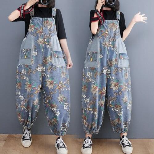 2021 Early Autumn Retro Loose Age Reduction Printing Denim Pants Overalls Wide Leg Jeans Clothes Fashion Blue Trousers