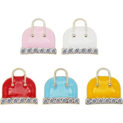 Julie Wang 5PCS Enamel Cartoon Bag Charms With Rhinestone Alloy Gold Tone Handbag Pendant Bracelet Jewelry Making Accessory