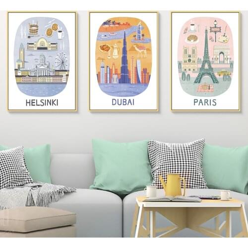 Hong Kong Dubai Helsinki Singapore Paris Travel Canvas Painting wall art Posters Coated for home Decor Family Gift