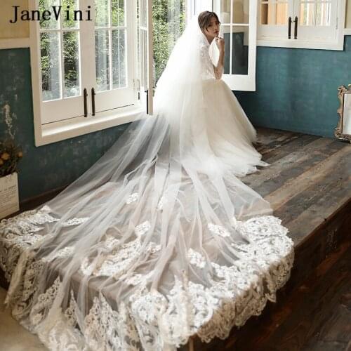 JaneVini Vintage Cathedral Light Champagne Long Wedding Veil with Comb Two Layer Big Applique Edge Tulle Bridal Hair Accessories