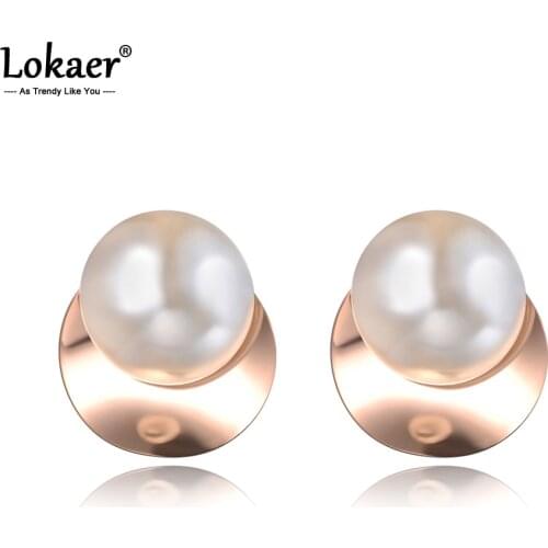 Lokaer Bohemia Style Stainless Steel Vintage Women Earrings Jewelry Hyperbole Rose Gold White Pearl Anniversary Earrings E19109