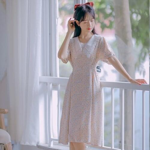 Kawaii Dresses Summer Women French Romantic Girl Lace Doll Collar Sweet and Cute Ladies Gentle Floral Midi Dress
