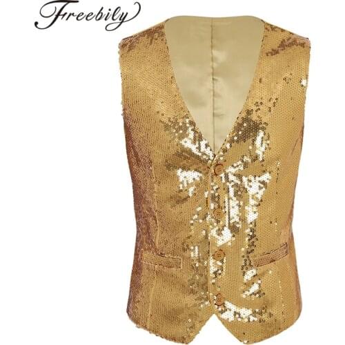 Mens Slim Fit Shiny Sequins Suit Vest V-Neck Sleeveless Button Down Formal Suit Separate Waistcoat for stage performance